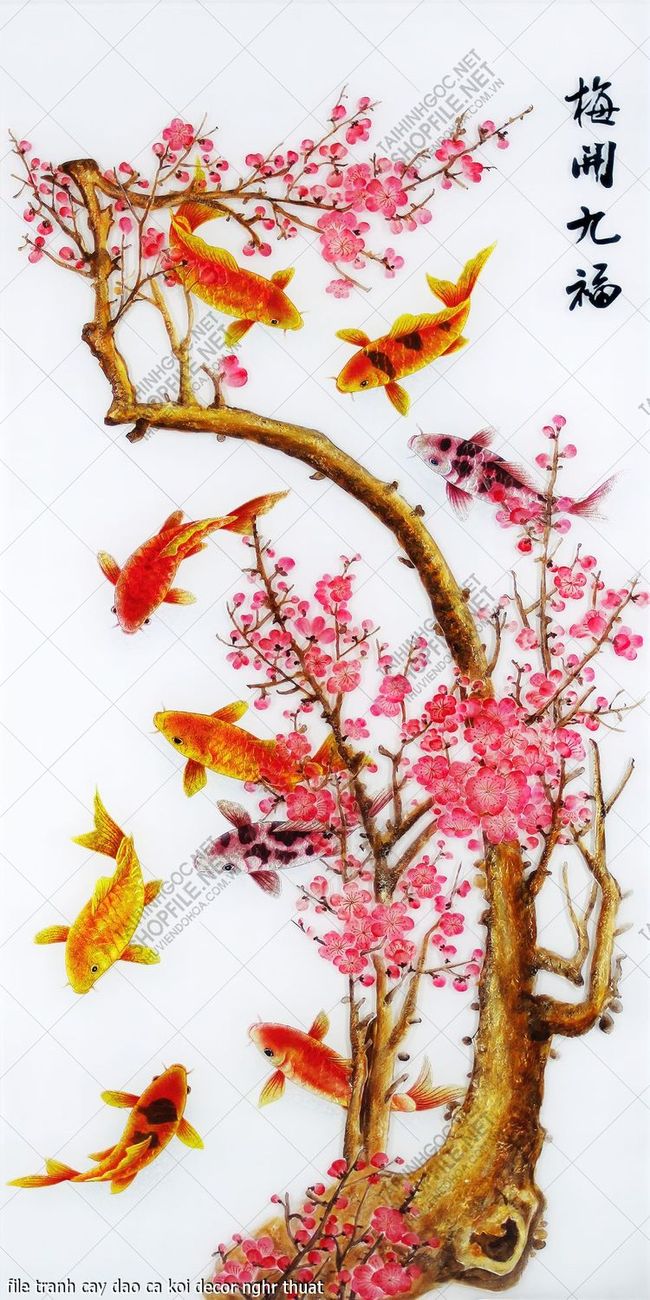 file tranh cay dao ca koi decor nghr thuat